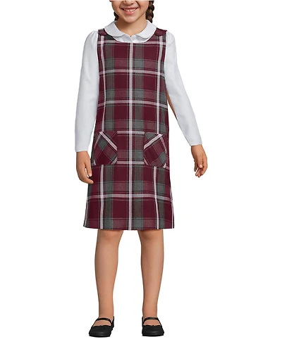 Lands' End Big Girls Plaid Button Shoulder Patch Pocket Jumper