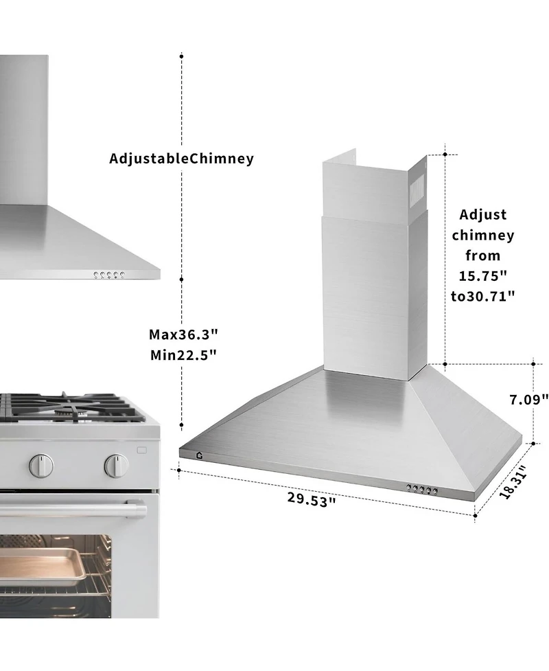 Xo 30 Inch 250 Cfm Wall Mounted Range Hood, Ducted, Ductless Convertible Duct for Kitchen