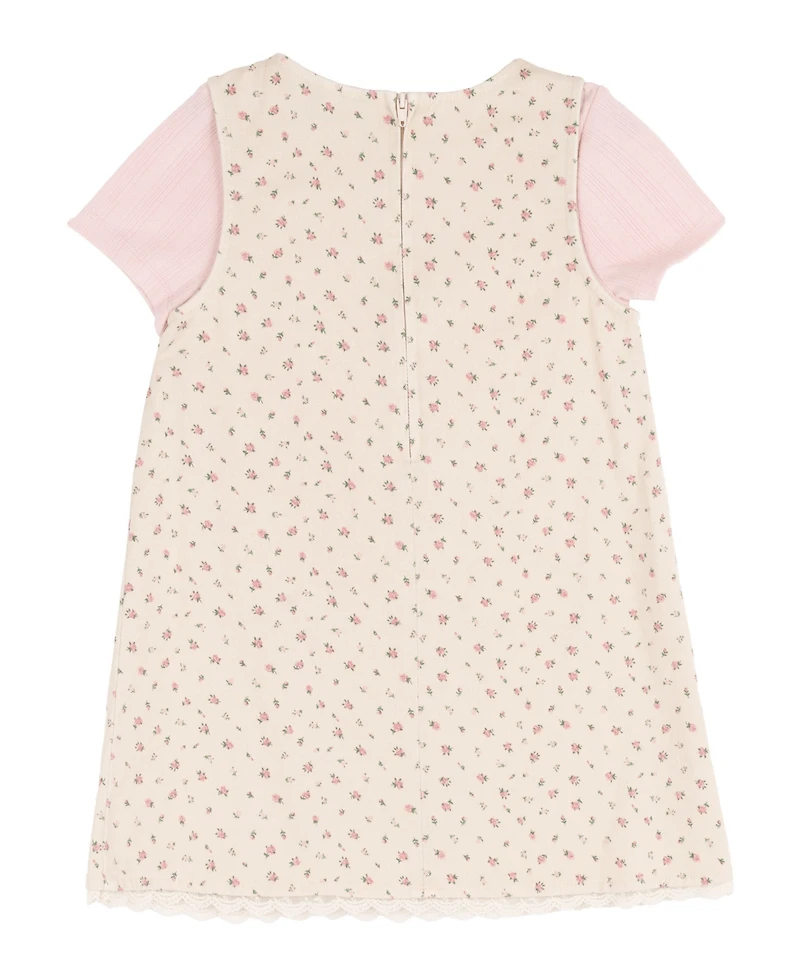 Rare Editions Girls' 2T-6X Printed Denim Jumper with Self Bow