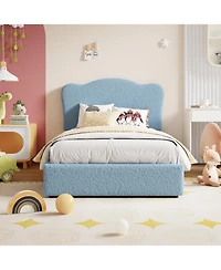 homfan Kids Upholstered Bed Frame with 2 Drawers, Twin/Full Platform Bed with Padded Headboard, Wood Slats