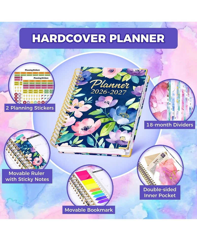 Gnuadz Planner18 Month Weekly Monthly Hardcover Calendar Tabs Pocket Bookmark Stickers Sticky Notes Navy Floral 2026-2027