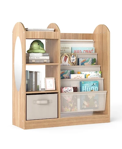 Gymax Kids Bookshelf with Full-Length Mirror 4-Tier Sling Shelves and Fabric Drawer