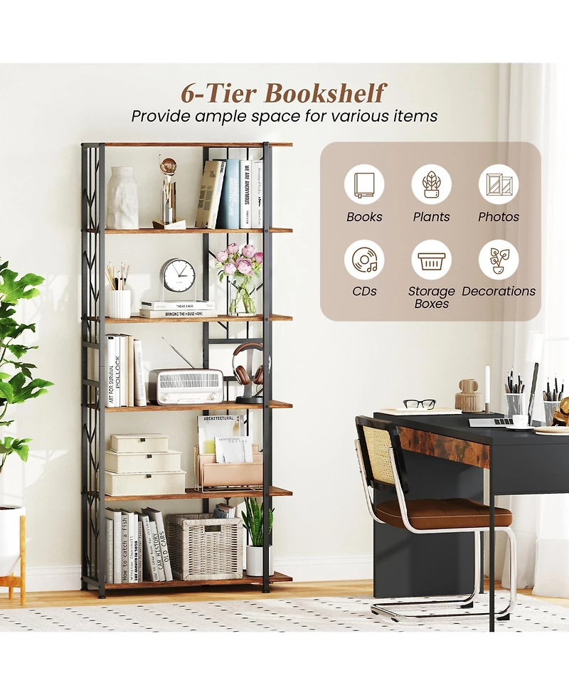 Gymax 6-Tier Bookshelf with Heavy-duty Metal Frame2 Anti-tipping Kits for Living Room