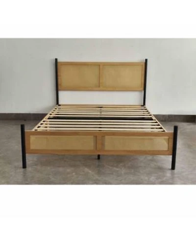Homfan Bed Frame With Rattan Headboard Sturdy Wooden Slats