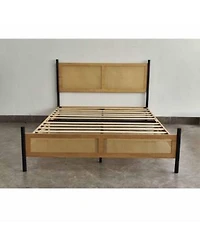 Homfan Bed Frame With Rattan Headboard Sturdy Wooden Slats