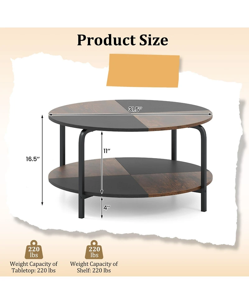 Gymax 2-Tier Round Coffee Table With Storage Shelf Metal Frame for Living Room Apartment