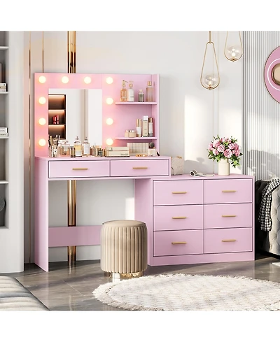 homfan 61" Make Up Vanity Desk with Mirror and Lights, Vanity with 8 Wide Storage Drawers and 2 Tier Shelves