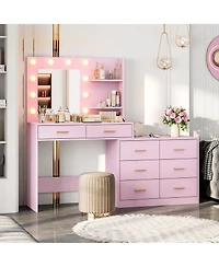 homfan 61" Make Up Vanity Desk with Mirror and Lights, Vanity with 8 Wide Storage Drawers and 2 Tier Shelves