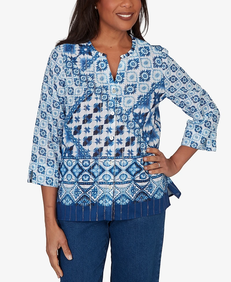 Alfred Dunner Petite Indigo Girls Ikat Tie-Dye Patchwork Henley Top