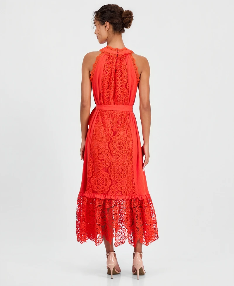 T Tahari Women's Sleeveless Halter Lace Maxi Dress