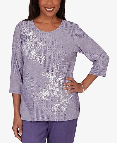 Alfred Dunner Petite Grand Bazaar Embroidered Diagonal Textured Knit Top