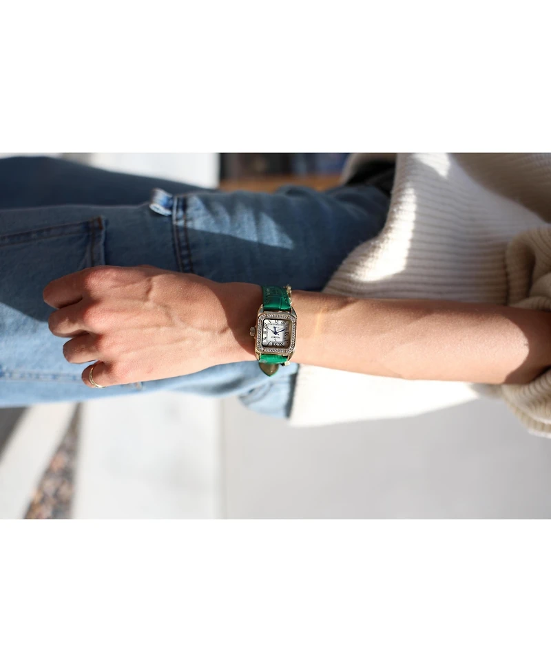 Peugeot Women's Tank Watch with Crystal Bezel Leather Strap