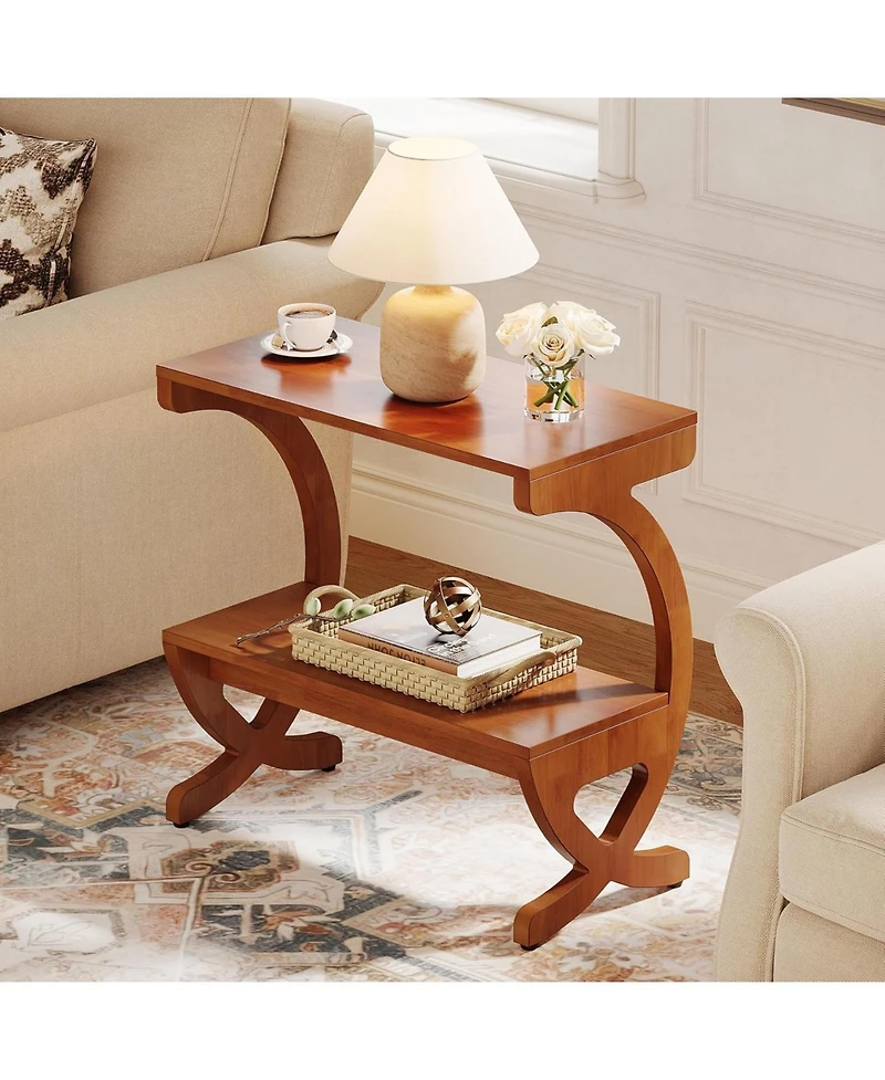 Tribesigns Wood End Table Set of 2, 2-Tier Side Table with Curved Crossed Legs for Living Room, Bedroom, Small Space, Walnut