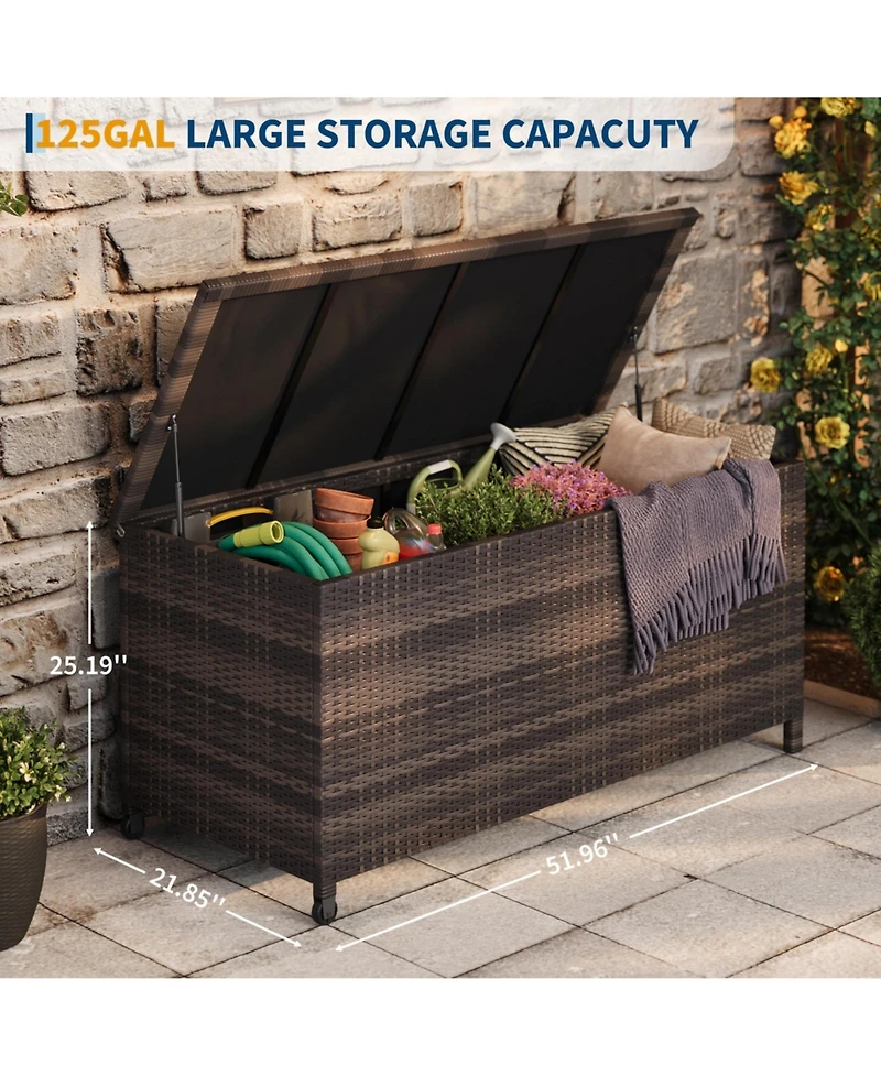 homfan Large Outdoor Storage Box with Wheels and Handles Waterproof Pe Rattan Deck Chest Spacious Weatherproof Bin for Garden, Balcony, Porch
