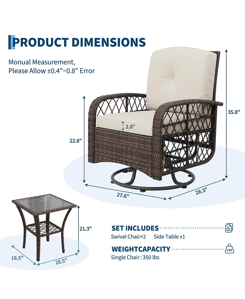 homfan 3-Piece Wicker Patio Swivel Rocker Chair Set - Outdoor Conversation Furniture with 360degree(s) Swivel, Thick Cushions, High Backrest