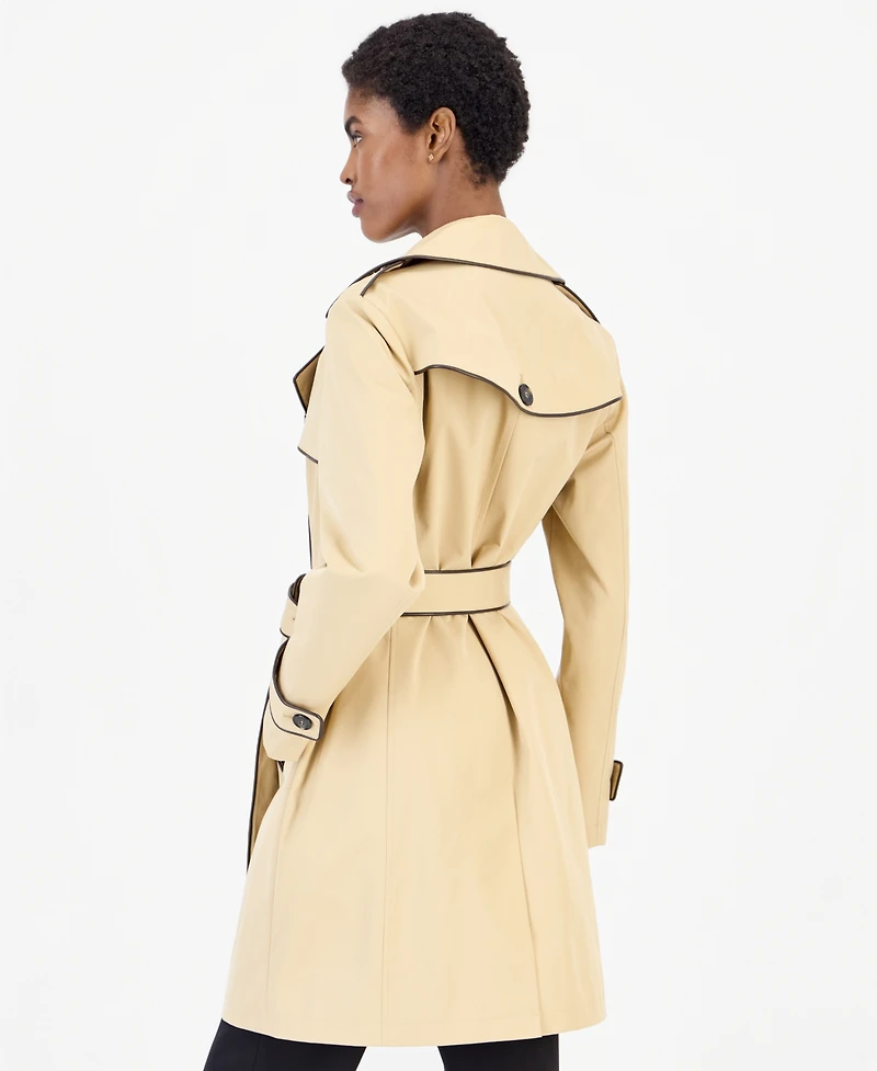 Michael Kors Women's Faux Leather-Trim Button-Front Trench Coat, Created for Macy's