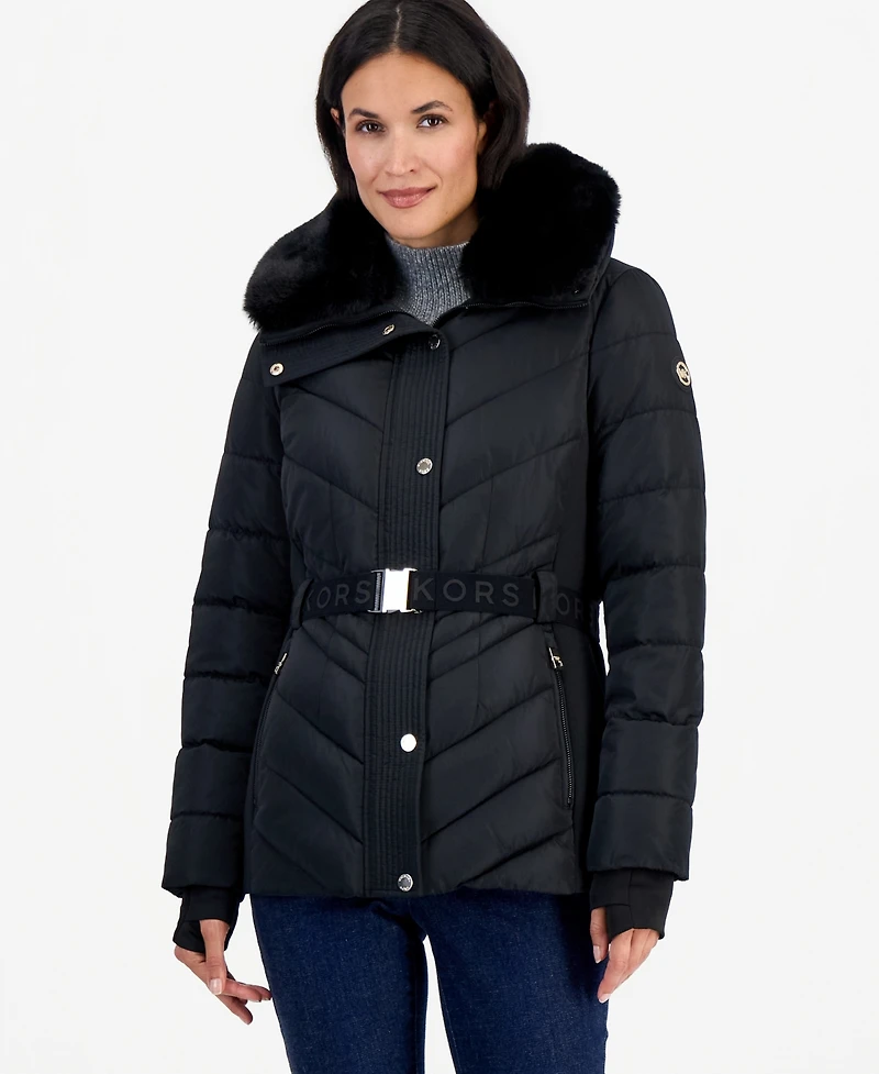Michael Kors Women's Belted Hooded Faux Fur Collar Puffer Coat