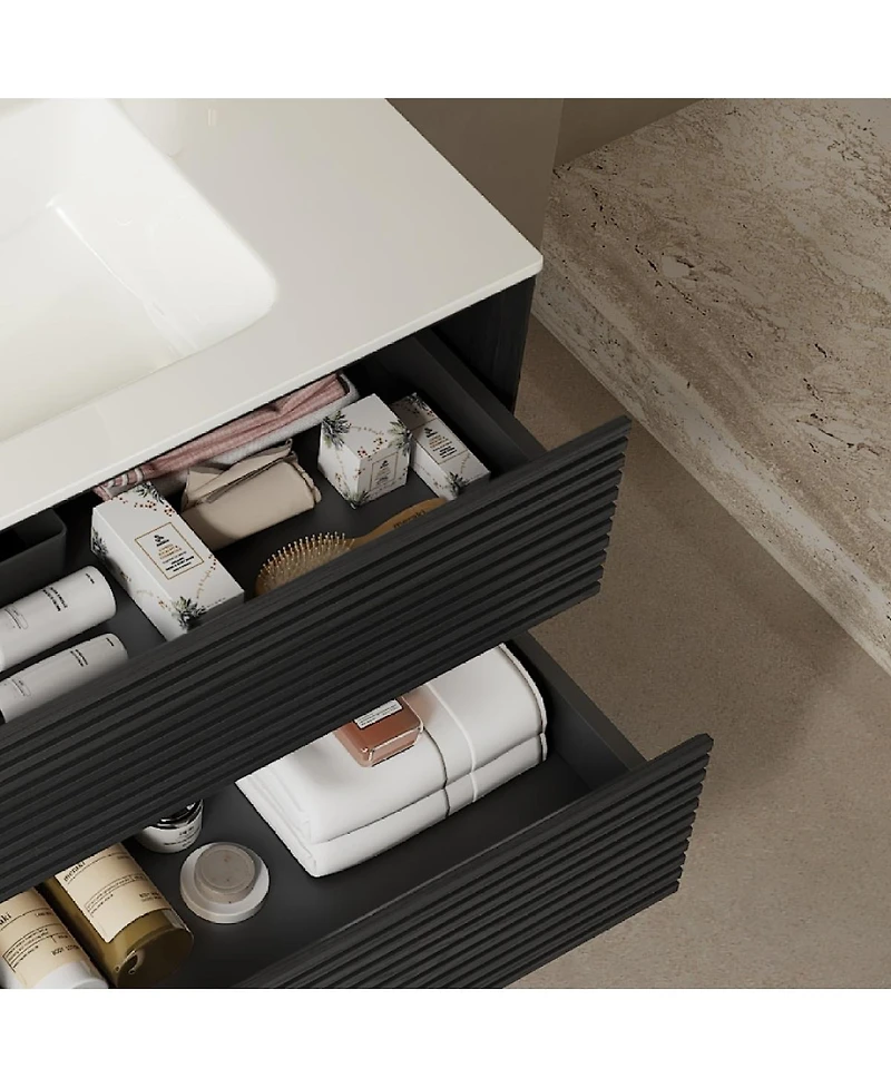 Sillysis 30 Inch Wall-Mounted Bathroom Vanity with Ceramic Sink, 2 Soft Close Drawers, Modern Black Plywood Storage Cabinet
