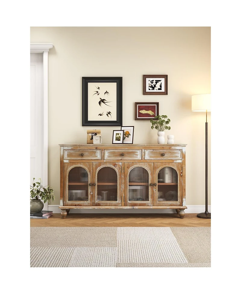 Streamdale Furniture 59 Inch Farmhouse Sideboard Buffet with 3 Drawers and 4 Glass Doors