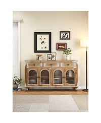 Streamdale Furniture 59 Inch Farmhouse Sideboard Buffet with 3 Drawers and 4 Glass Doors