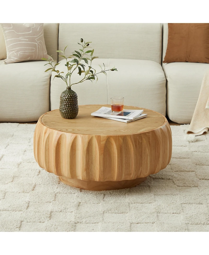 Boyel Living Round Solid Wood Carved Coffee Table with Elegant Sculptural Design