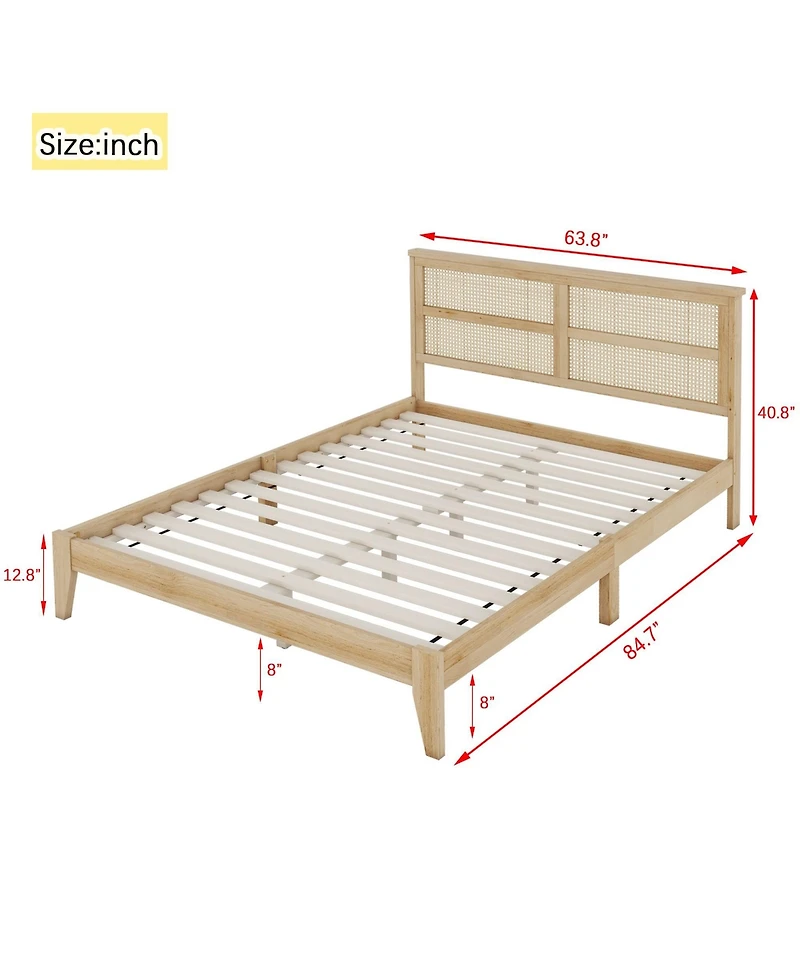 Clihome Queen Size Rubber Wooden, Solid Wooden Bed with Rattan Headboard, Enhanced by Support Feet