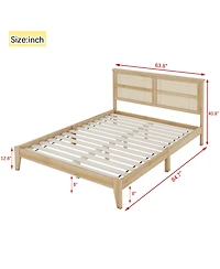 Clihome Queen Size Rubber Wooden, Solid Wooden Bed with Rattan Headboard, Enhanced by Support Feet