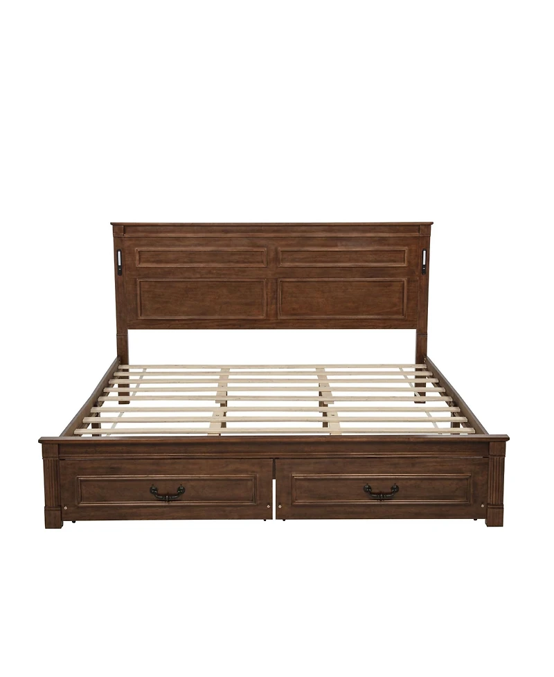 Clihome King Size Bed with Tall-Panel Headboard and Footboard, 2 Storage Drawers, Built-in Led Lights