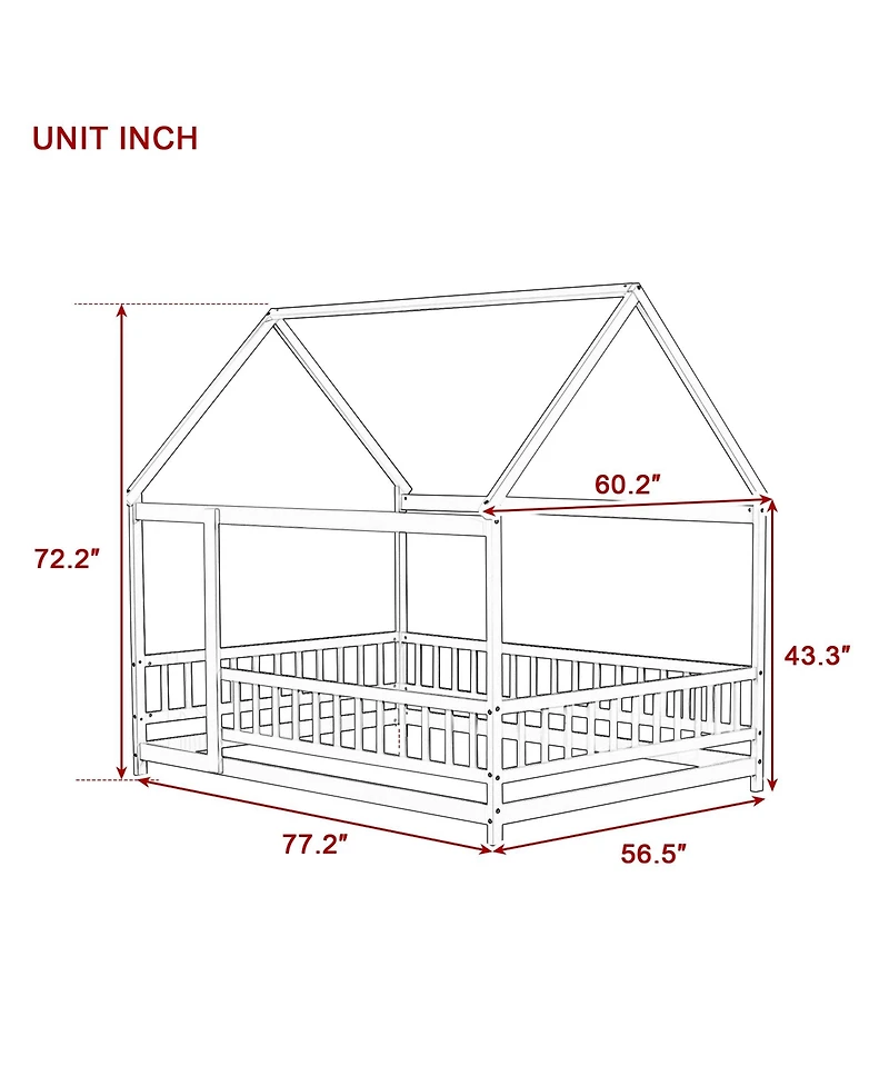 Clihome Full Size House Floor Wooden Bed with Roof Frame, Safety Guardrails