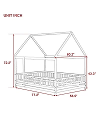 Clihome Full Size House Floor Wooden Bed with Roof Frame, Safety Guardrails