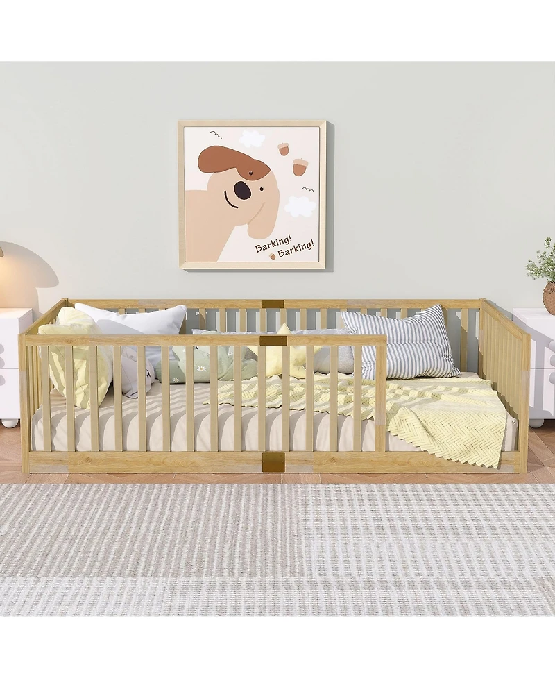 Clihome Floor Bed with High Fence Railings, with Door,6 Slats Included