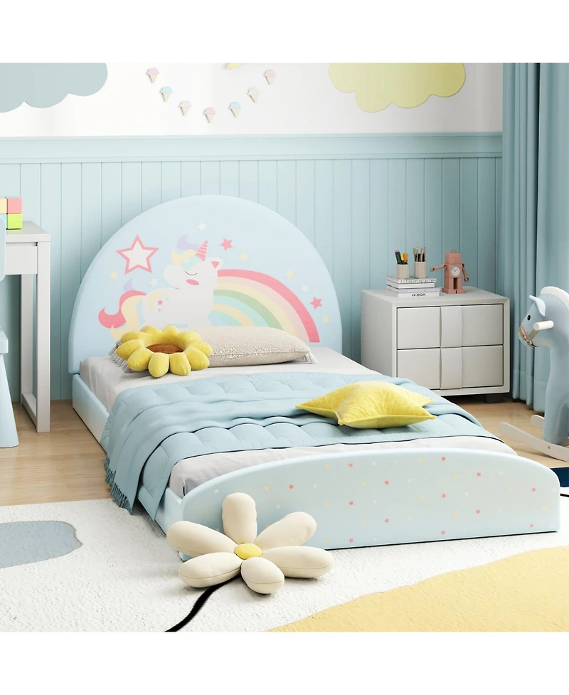 Slickblue Twin Kids Floor Bed with Upholstered Frame and Floor Mat