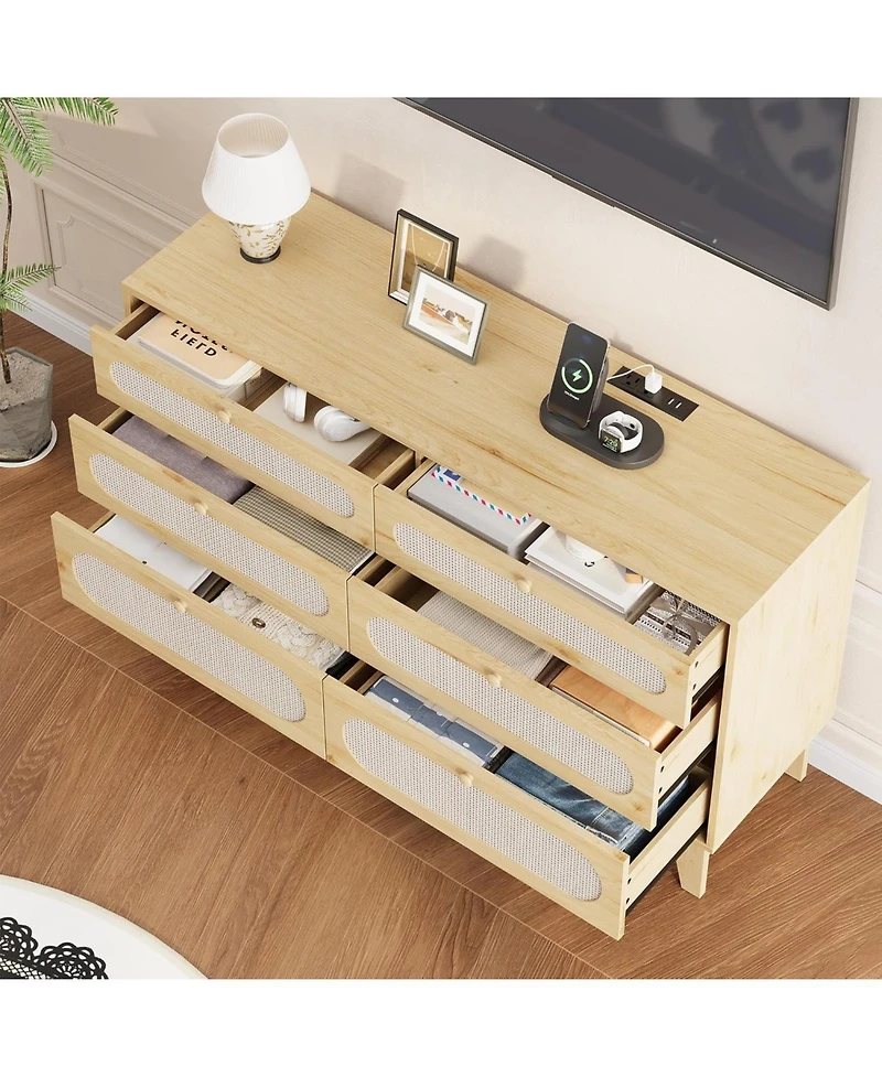gaomon 6 Chests of Drawers Storage for Bedroom, Rattan Drawer Dresser, with Usb Ports and Outlets, Rattan Storage Dresser for Living Room
