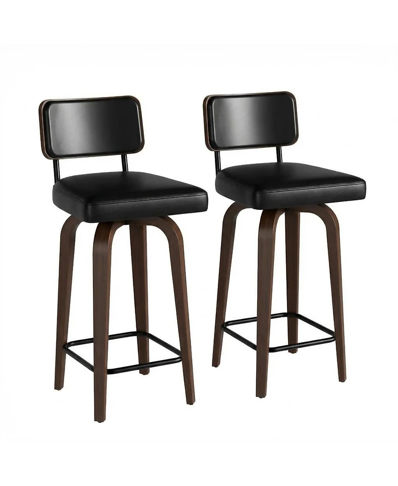 homfan Set of 2 Swivel Counter Height Bar Stools, 26 Inch Upholstered Chairs with Backrest and Mid Century Faux Leather Stools for Kitchen