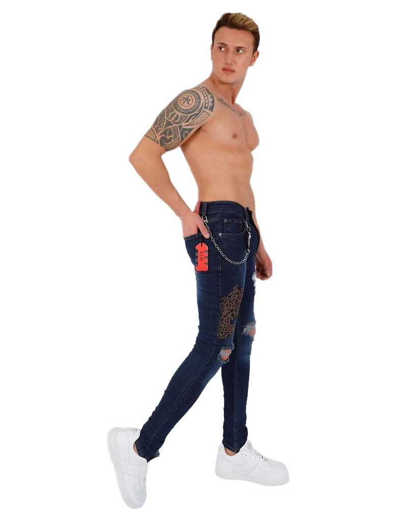 Elie Balleh Men's leopard patch skinny distressed jeans for men