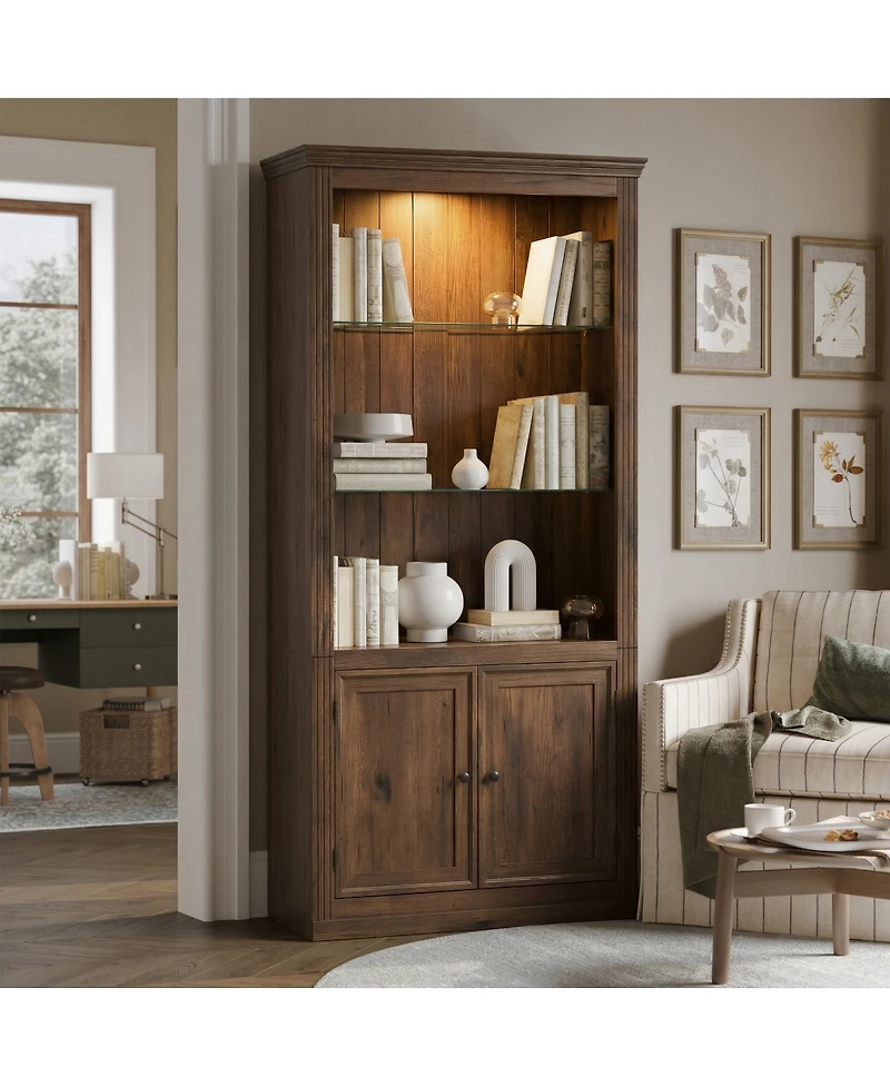 Streamdale Furniture 4-Tier Farmhouse Display Shelf with Led Lights and Glass Shelves