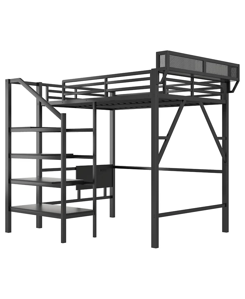 Streamdale Furniture Full Size Metal Loft Bed with Desk, Charging Station, and Storage Stairs