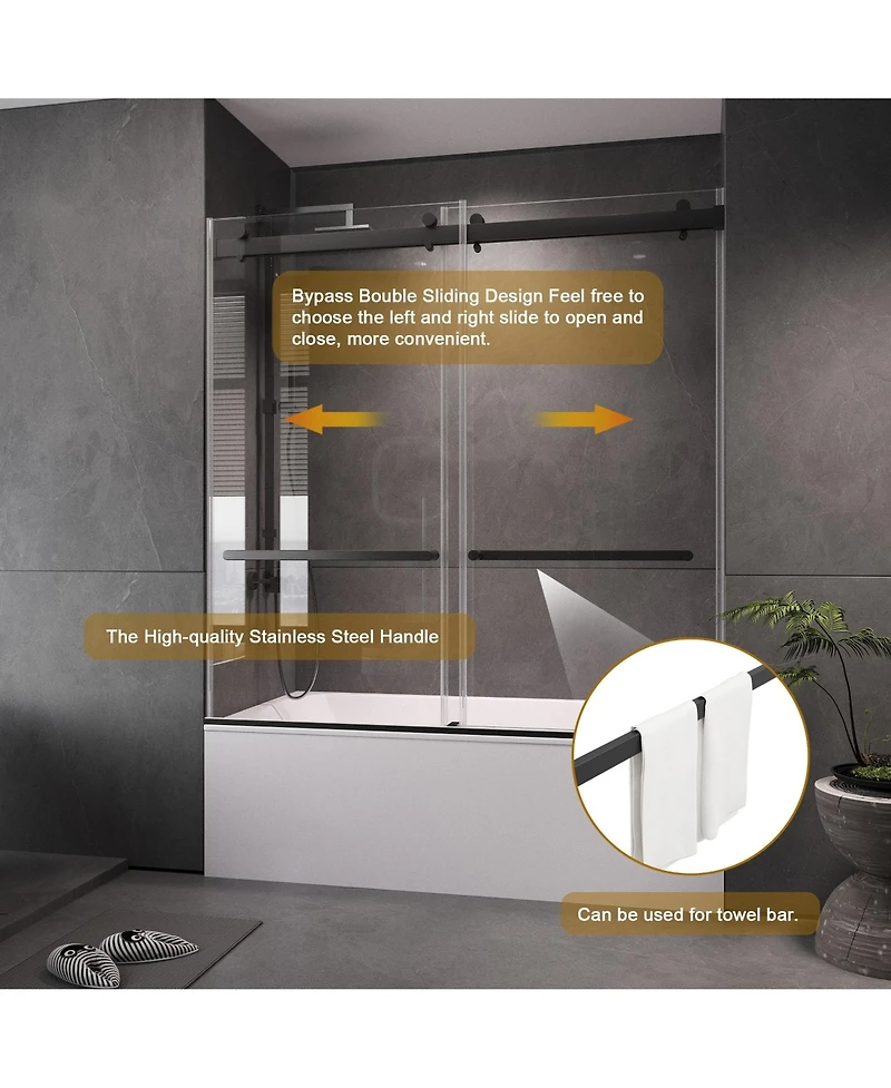 Lovmor Frameless Bathtub Shower Doors 56-60 W x 60 H, Double Sliding Tub Shower Door with Tempered Glass 5/16"(8mm), Brushed Gold