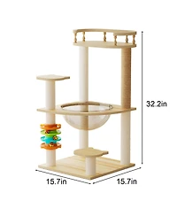 Streamdale Furniture 32.2" Modern Wood Cat Tree with Sisal Scratching Posts and Acrylic Hammock