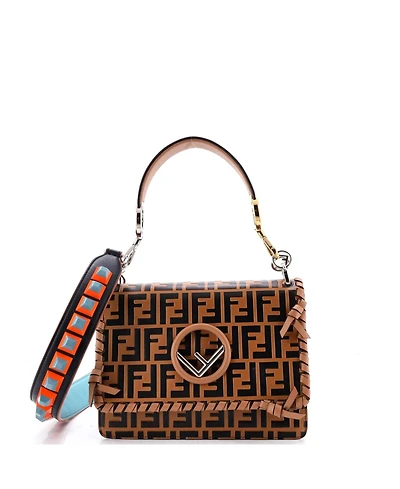 Pre-Owned Fendi Medium Kan I F Shoulder Bag Whipstitch Zucca Embossed Leather