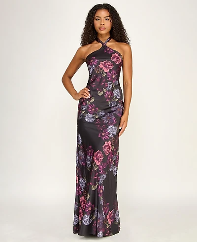 Seni & Cade Juniors' Printed Halter Neck Gown