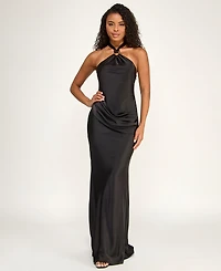 Seni & Cade Juniors' Asymmetrical Drape Waist Halter Neck Gown