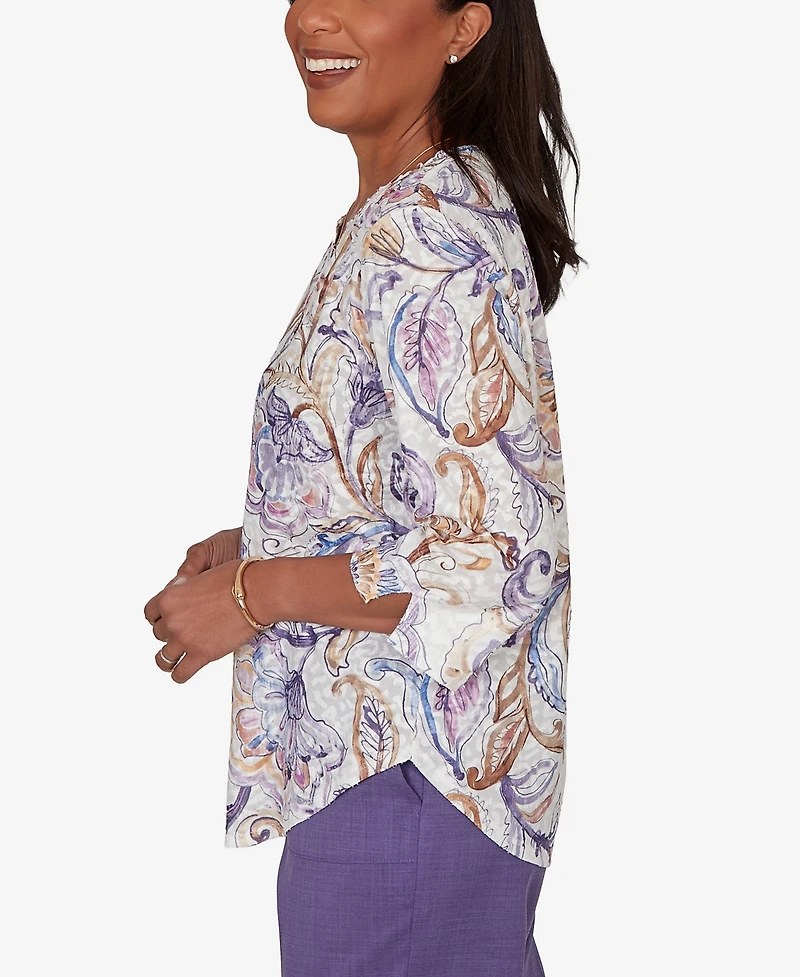 Alfred Dunner Women's Grand Bazaar Jacobean Floral Split Neck Top