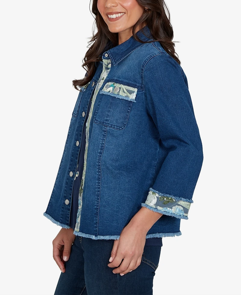 Alfred Dunner Women's Indigo Girls Sequin Embellished Stretch Denim Jacket