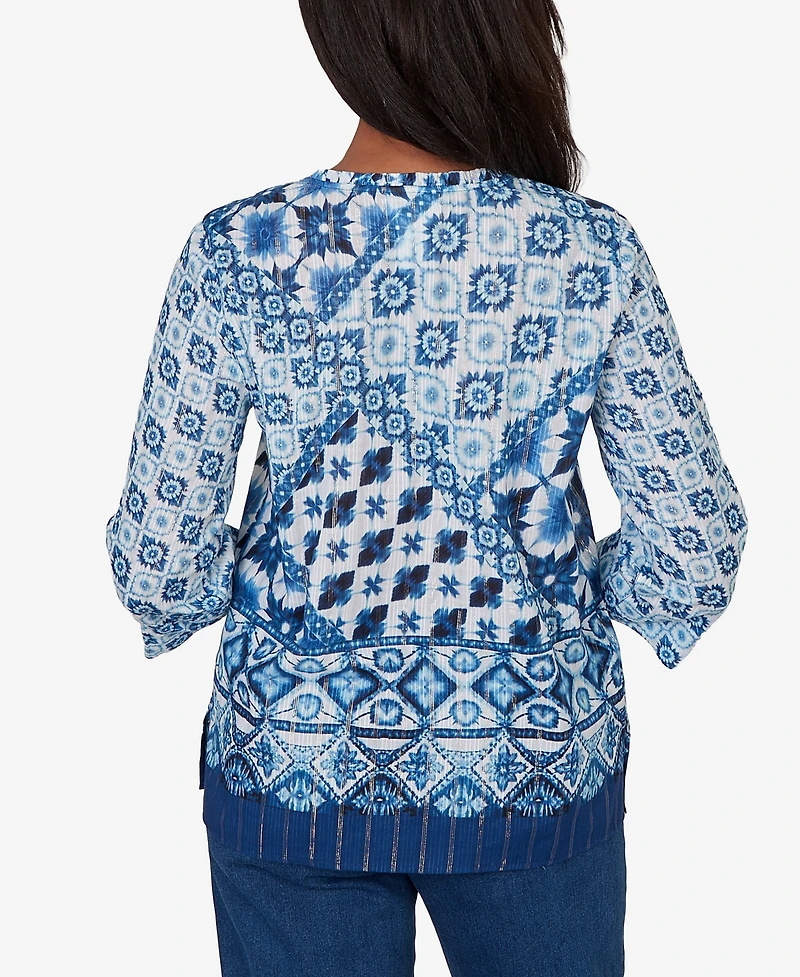 Alfred Dunner Women's Indigo Girls Ikat Tie-Dye Patchwork Henley Top