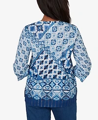 Alfred Dunner Women's Indigo Girls Ikat Tie-Dye Patchwork Henley Top