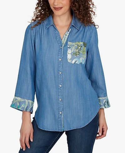 Alfred Dunner Women's Indigo Girls Soft Denim Sequined Button-Front Top