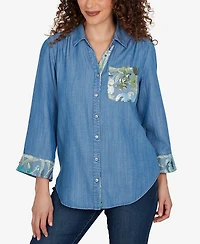 Alfred Dunner Women's Indigo Girls Soft Denim Sequined Button-Front Top