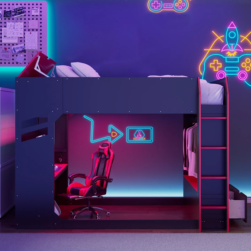 Streamdale Furniture Full Size Wood Loft Bed with Desk, Storage, and Rgb Lights