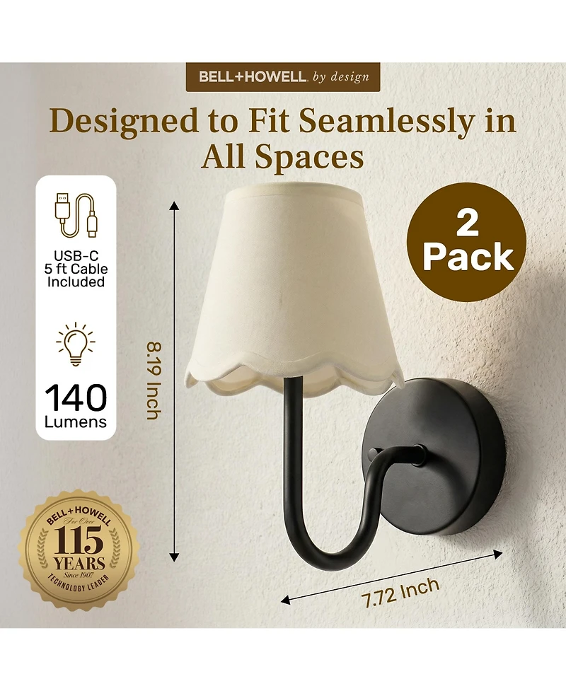 Bell + Howell Set of 2 Scallop Shade Dimmable Led Rechargeable Cordless Touch Control Lights Wall Sconces